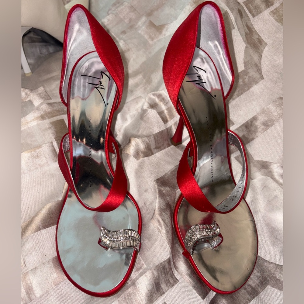 Giuseppe Elegant Red Satin Heels with Rhinestone Detail
